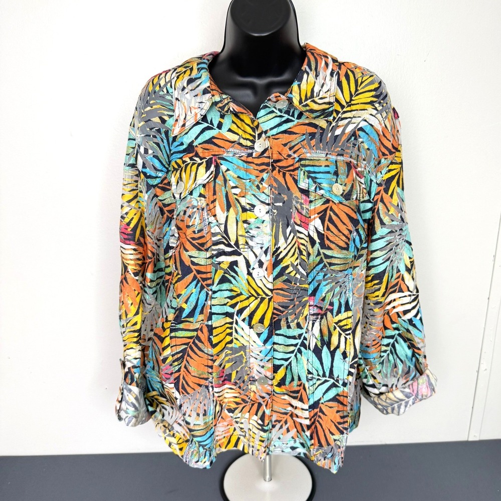 Ruby Rd Jacket Womens 22W Tropical Palm Print Button Front Rayon Linen Blend